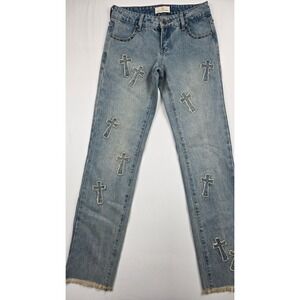 Austin Landing Cross Patch Studded Straight Leg Jeans Light Wash Blue Size 00